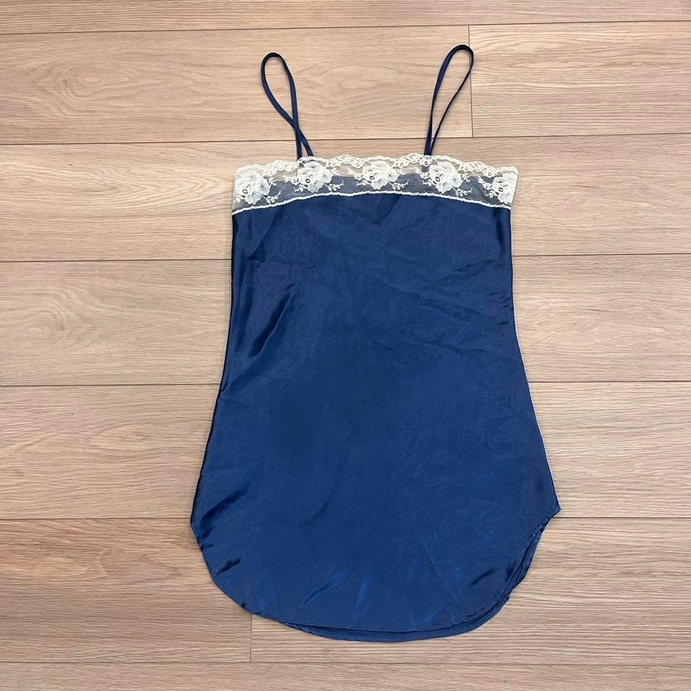 Vintage navy Satin Slip Dress Delicate Ivory Floral Lace Trim Women M Coquette